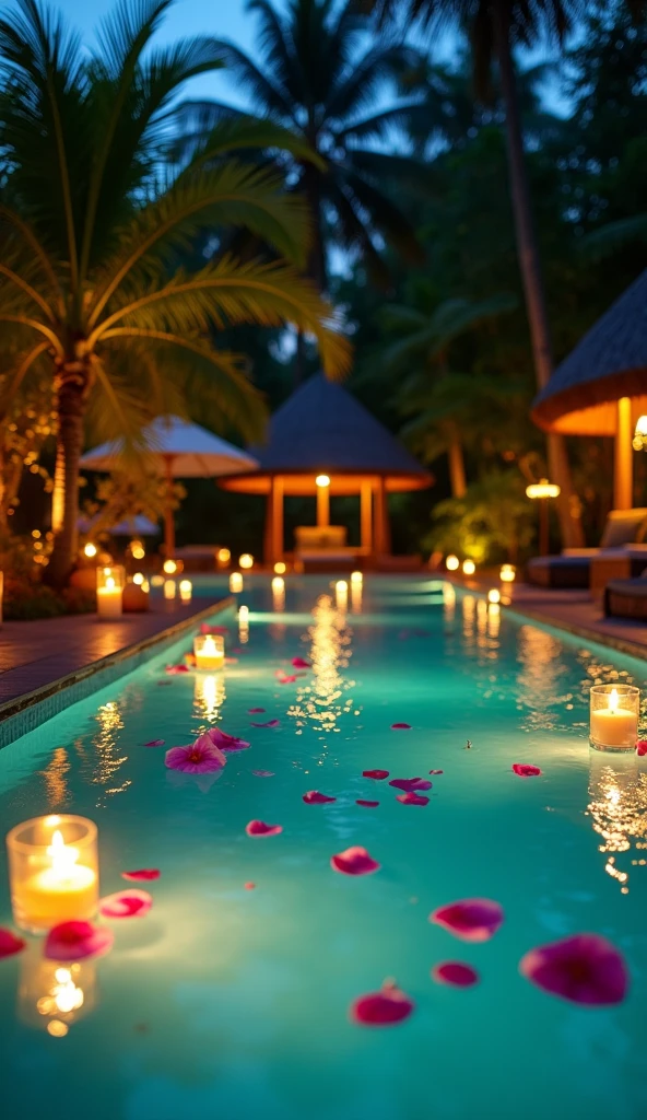 A romantic, candlelit swimming pool in a tropical hideaway, with floating candles and flower petals scattered on the water’s surface. The surrounding palm trees are softly illuminated, creating a dreamy, intimate atmosphere.