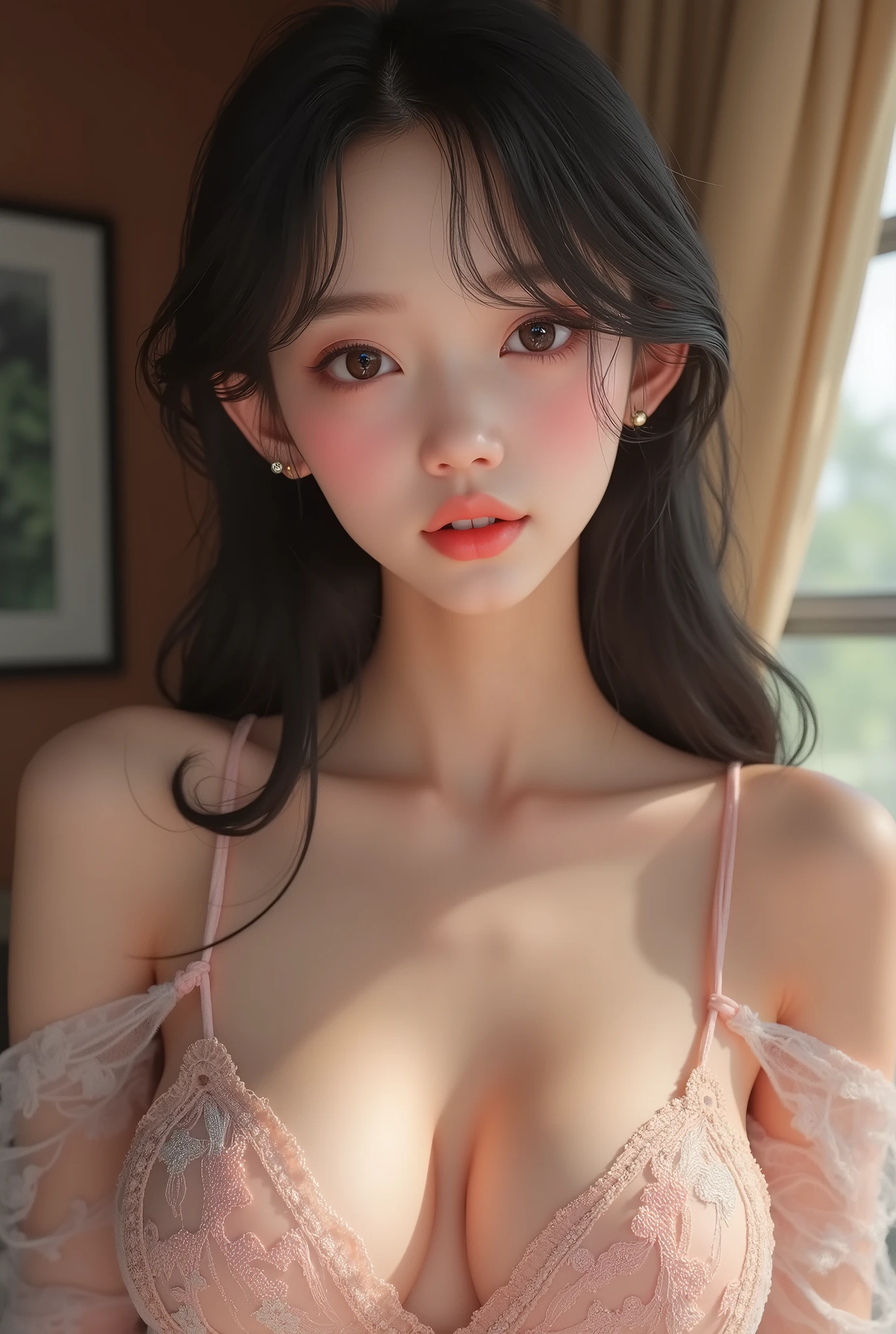 (1girl with flat chest, small breasts:1.4), 18yo, sweet girl, cute idol, Cheerful, gentle, soothing, beautiful girl with beautiful details, (shiny pink lips:1.3), extremely detailed eye and face, glossy lips, (See-through lace costume with cute details and wide open breasts), Bare shoulders, (Bare chest, areola:1.35), Realistic, extremely detailed CG unified 8k wallpaper, ighly detailed, High-definition raw color photos, professional photograpy, Realistic portrait, Cinematic Light, Beautiful detailed, Blushing, Ashamed, (Realistic skin:1.2), (Best Quality:1.4), Super Detail, High quality, Indoor, depth of fields, 