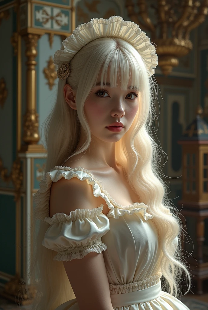 masterpiece, best quality, Very detailed, high resolution, HDR,, Joe Bit, what is, not feeling good,, 1 Girl, Solitary, Bangs, Bare shoulders, breast, Brown eyes, Clamps (Circle) (style), Platinum blonde hair, Very long hair, ear, small breast, Capillary,, maid, maid headdress, maid apron, victorian maid, maid dress,, mksks style, Beautiful background, Detailed background, professional lightning, building, indoor, Kaneko ornament, Kaneko, Kaneko effects,