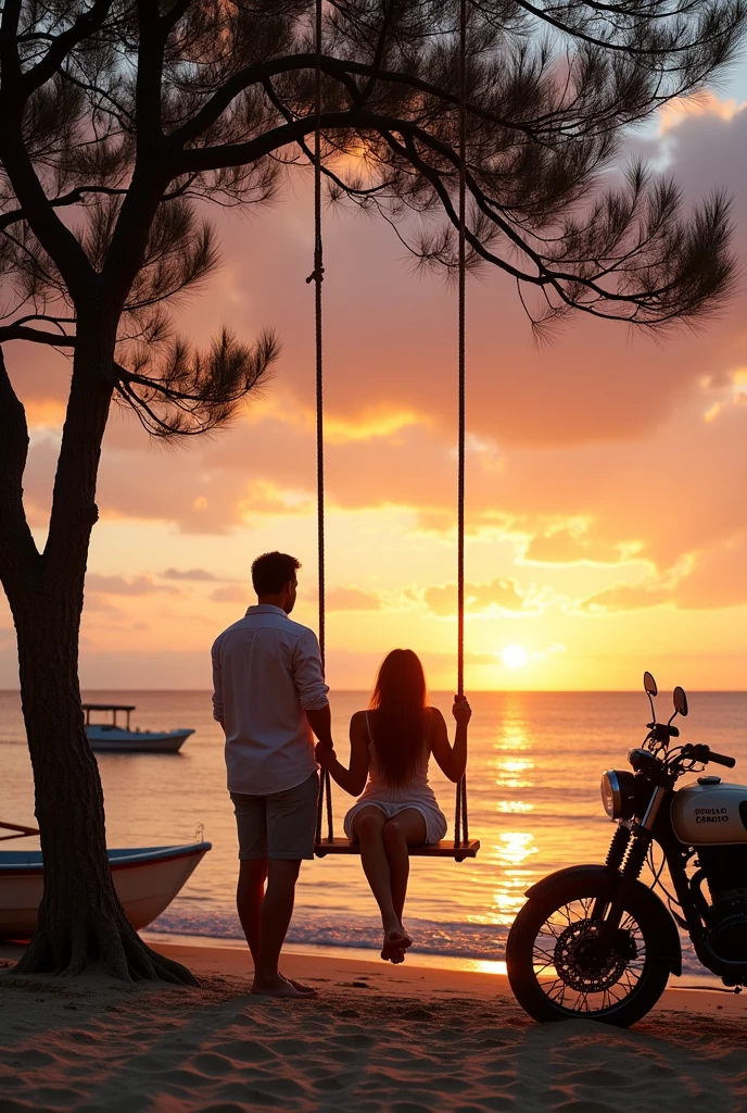 "A serene seaside setting during a stunning sunset, where the sky is a blend of warm oranges, pinks, and purples. On the shore, casuarina trees stand tall, their thin, needle-like leaves gently swaying in the breeze. A sturdy rope swing hangs between two of the casuarina trees, and a young couple is the focus of the scene.
The girl, who is thin and delicate, is sitting on the swing. The boy, muscular with wide arms, stands behind her, wrapping her in a warm embrace. She leans back into him, a look of complete comfort and contentment on her face.Next to them, a classic Royal Enfield bike stands parked, its vintage design adding a touch of adventure to the scene. A small boat rests beside the swing, lightly touching the shore as the waves lap gently against it. The entire scene exudes a sense of peace, love, and tranquility, with the golden hues of the sunset casting a soft glow over everything."