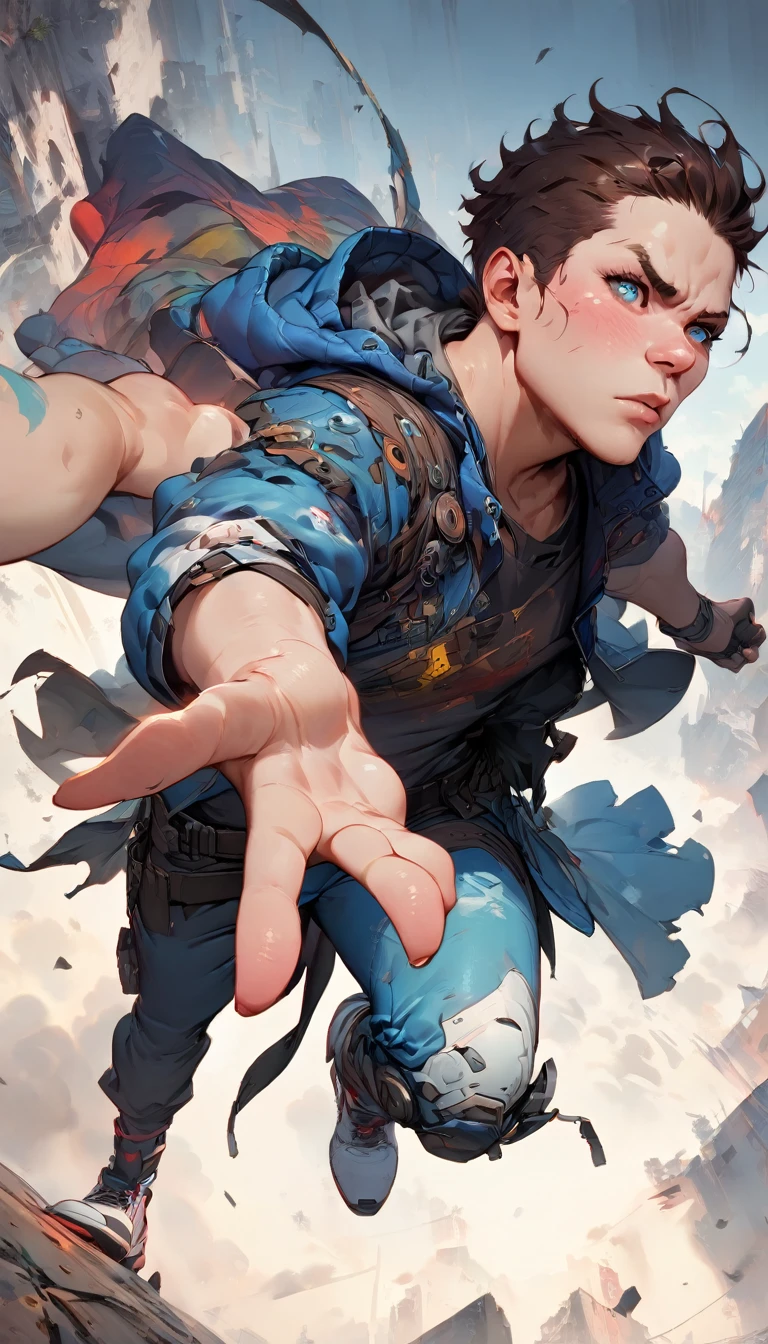 best quality,4k,8k,highres,masterpiece:1.2),ultra-detailed, extremely detailed eyes, extremely detailed body, (large masterpiece digital art), (detailed manga illustration), (detailed line art), ((perfect anatomy)), (intricate details:1.3), (ultra-detailed:1.3), (illustration:1.3), (sharp focus:1.3), (natural lighting:1.05), (vivid colors:1.3), (masterpiece), (best quality:1.4), (perfect anatomy:1.4), high quality, expressive eyes, full body, detailed face, beautiful face, perfect face, (((1boy))), angry, (((male focus))), muscular, detailed messy hair, long hair, brown hair, blue eyes, t-shirt, jean pants, sneakers, cinematic lighting, dramatic atmosphere, Atey Ghailan, Jeremy Mann, Greg Manchess, Antonio Moro, trend in ArtStation, trend in CGSociety, Intricate, High Detail, Sharp focus, dramatic and photorealistic painting art by Midjourney and Greg Rutkowski, Jeff Bridges, ((cartoon style)), Marvel Cinematic Universe style, (((ruined city in the background))),