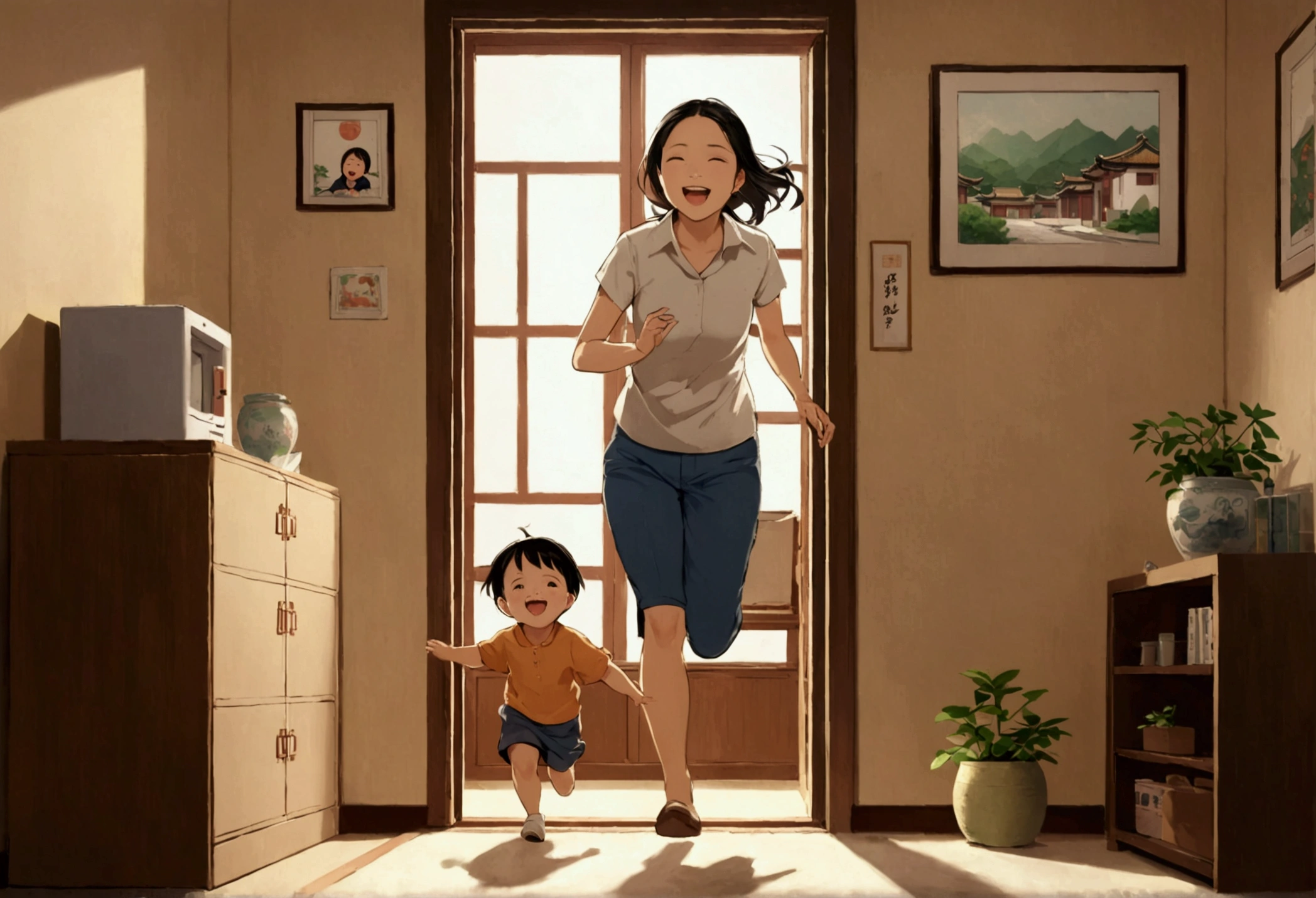 A  running up to her mother, Chinese, mother is a bank accountant, side view, Chinese apartment, right proportions, kid running from left, mother sitting on right, both laughing, happy environment 