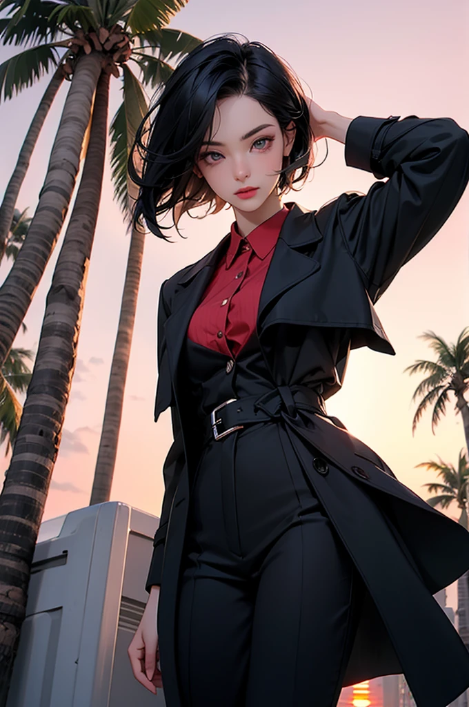 retro girl, short black hair, covering eyes, heterochromia eyes, pale skin, serious, black trench coat top, red dress shirt, stright dress pants, Miami, sunset, palm tree, windy,