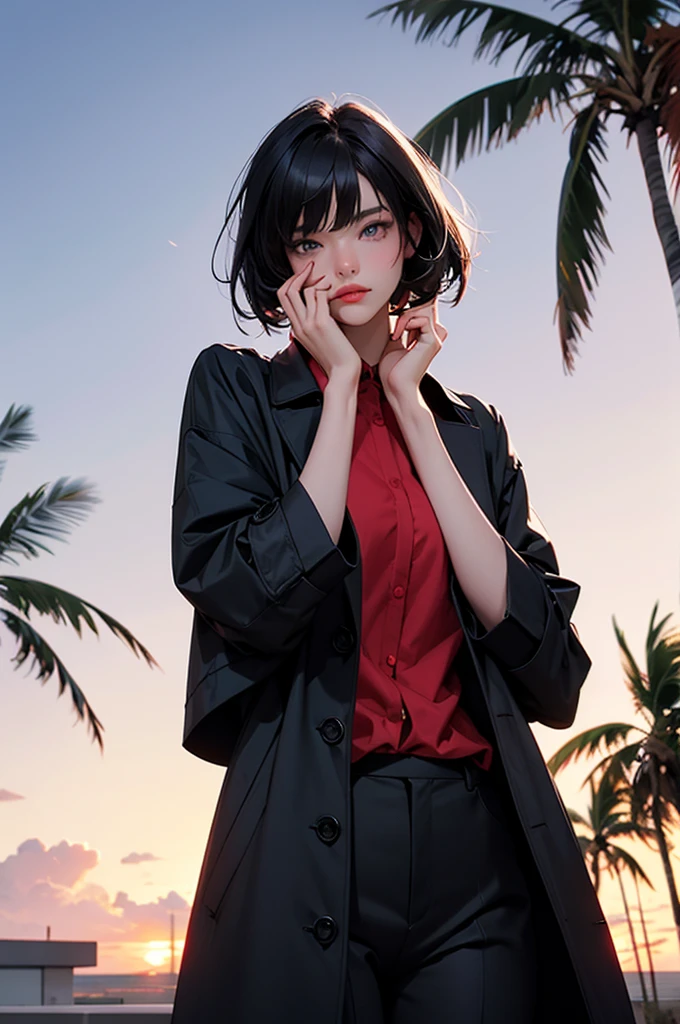 1 girl, solo, short black hair, covering eyes, heterochromia eyes, pale skin, serious, black trench coat top, red dress shirt (buttons undone), stright dress pants, Miami, sunset, palm tree, windy,