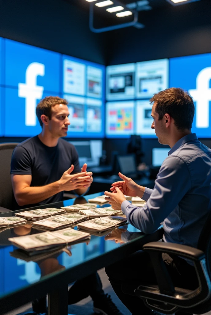 Mark Zuckerberg and Eduardo Saverin counting money sitting on chair. With the background of Facebook in room and discuss