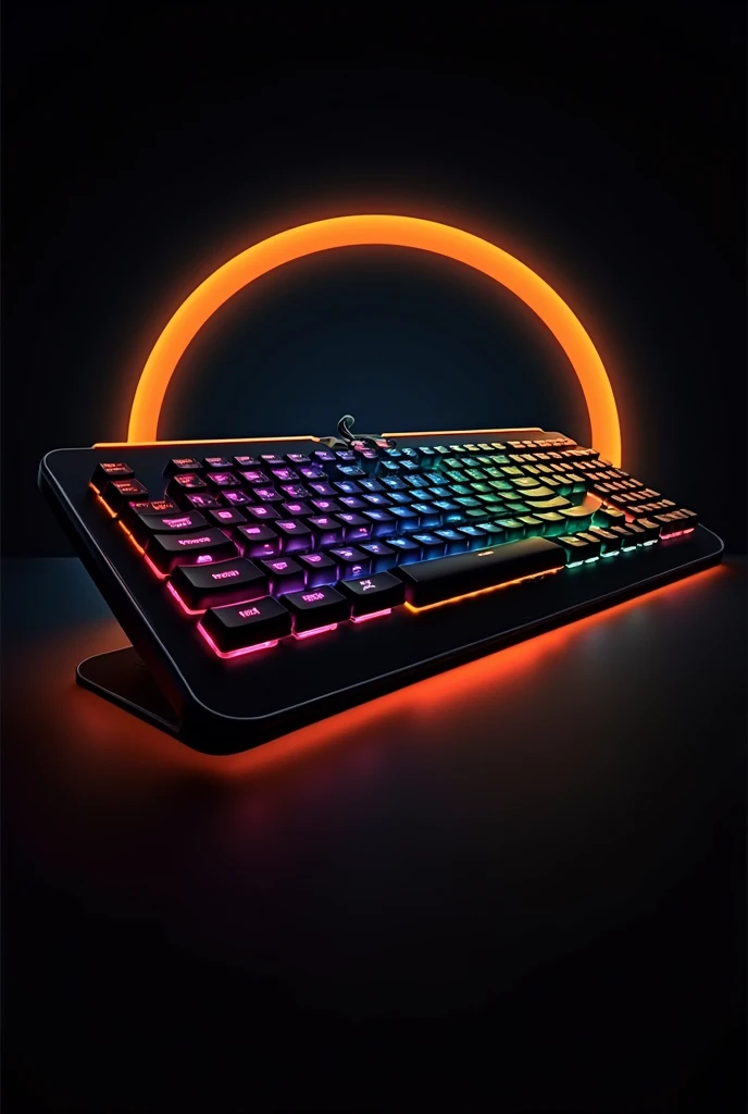 Create a unique keyboard logo, a circle image, a keyboard protruding from a cool, luxurious, business, quality logo, orange, black, with RGB lights.