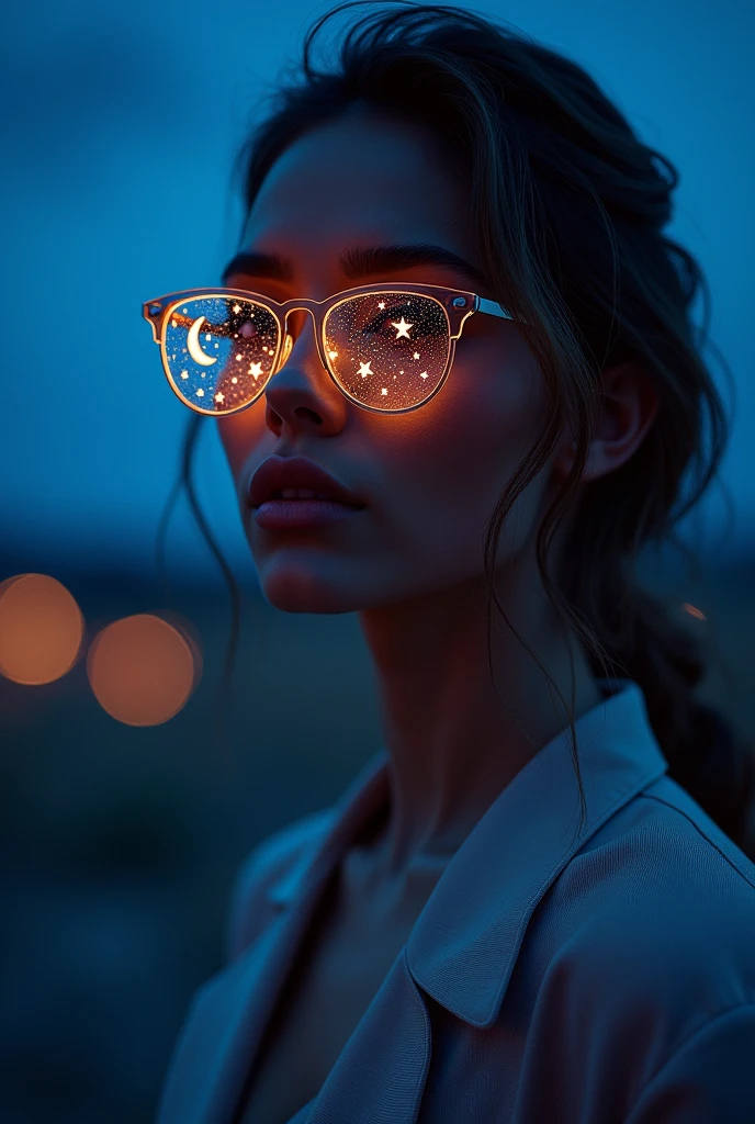 The model is wearing glass sunglasses with stars and the moon on the glass