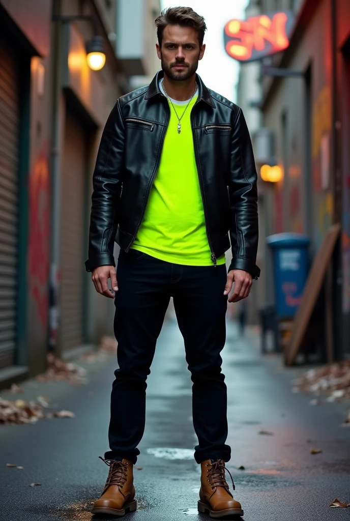 A man in a leather jacket, underneath the fluorescent green t-shirt and part of the white polo shirt is visible, Wear black pants and camel-colored boots