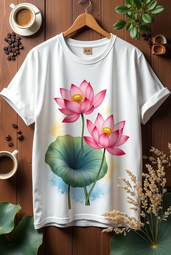 mockup of a loose white T-shirt with 2 pink lotus flowers drawn on the chest, 3D embossed on a lotus leaf in pastel watercolor pink, yellow, and blue, with broken color streaks. Brown wooden background, deco with a few rice flowers, coffee beans, and coffee cups
