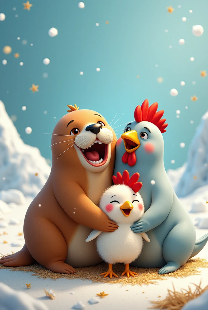 A Walrus A Seal A Hen And A Rooster Hugging Together On The Farm And The Arctic