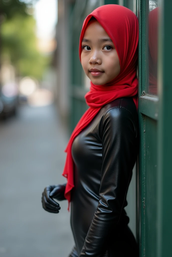 A  girl malay wearing hijab . Innocent face. Long leg. Wearing full body black latex suit. High quality. High resolution