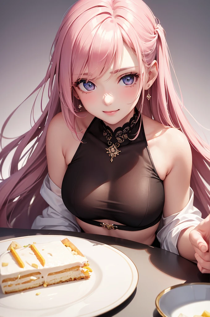 Best Quality,High resolution,8k,(plain white background, no patterns, no textures, just a plain white background:1.3),Masterpiece:1.2),beautiful girl,(Shiny pink hair),messy hair,Beautiful pink eyes,From the viewer's perspective, a seductive woman leans in close, (holding a fork with a piece of cake just inches from your lips:1.3), her eyes locked on yours with a playful yet intense gaze. She’s dressed in a sleek, form-fitting outfit that accentuates her curves, and the warm atmosphere of the room, filled with balloons and streamers, enhances the celebratory mood,Gentle look,A refreshing look,smile,Best quality,Best Quality,Aesthetic and aesthetic:1.2,Best details((Super detailed))(High-definition CG illustrations),Slender body,smile,blush,Mature look,cute,Scrounge,Looking up,Being spoiled,super model