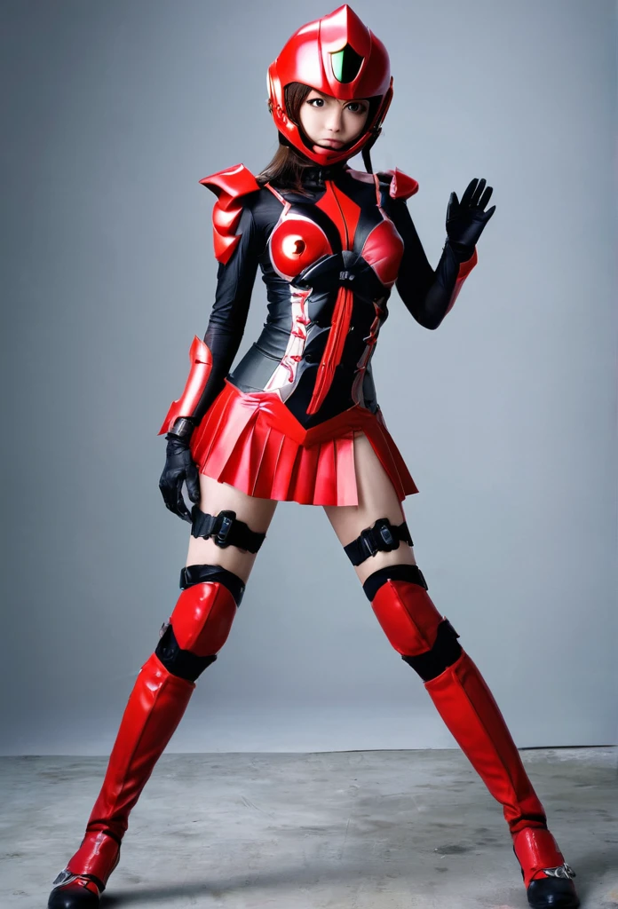 Wearing a revealing combat suit、Female Kamen Rider、miniskirt、Red big eye helmet、Combat pose