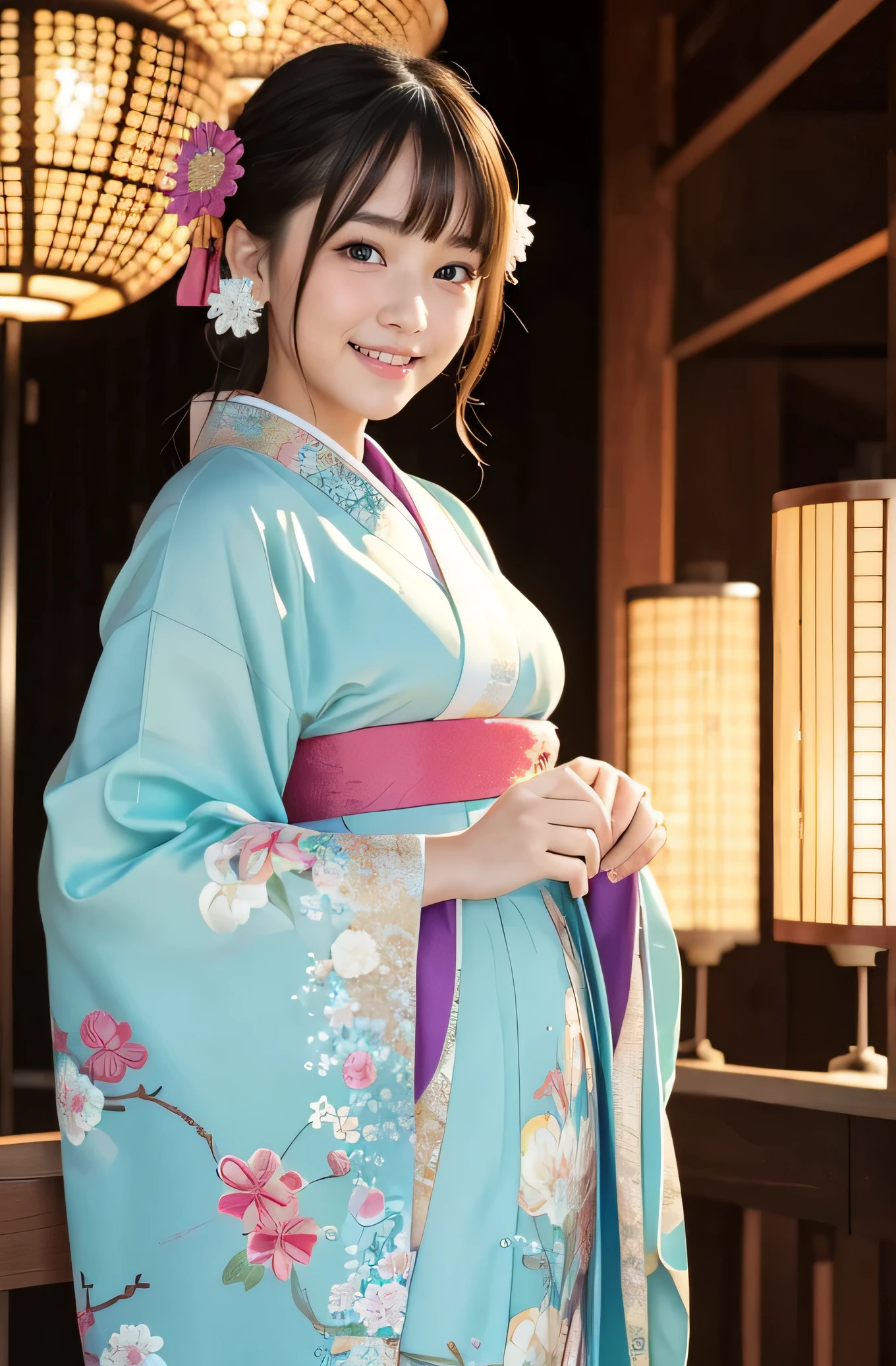 very cute girl, super cute face,clear attractive eyes, detailed Beautiful eyes,smiling, realistic photograph,gorgeous flamboyantly colored long sleeves kimono,
furisode ,very beautiful kimono,
Costume lighting