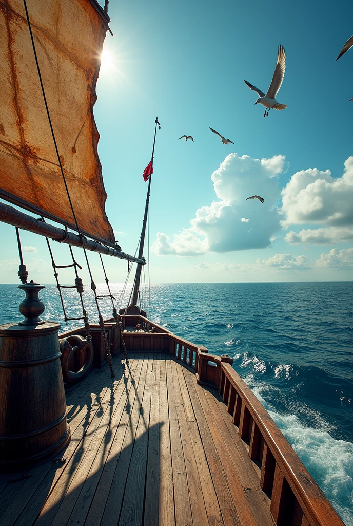 The empty deck of a pirate ship with tattered sails and a first-person view of the ocean 