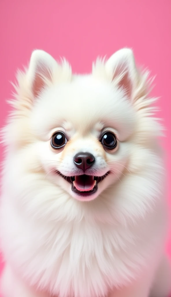A close-up of a white Pomeranian dog with a surprised expression, featuring its mouth open in an 'O' shape and wide, dark eyes. The dog's fluffy fur is finely detailed, and its small, pointed ears stand upright, enhancing the look of shock. The background is a bright pink color, contrasting vividly with the