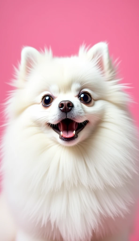A close-up of a white Pomeranian dog with a surprised expression, featuring its mouth open in an 'O' shape and wide, dark eyes. The dog's fluffy fur is finely detailed, and its small, pointed ears stand upright, enhancing the look of shock. The background is a bright pink color, contrasting vividly with the 