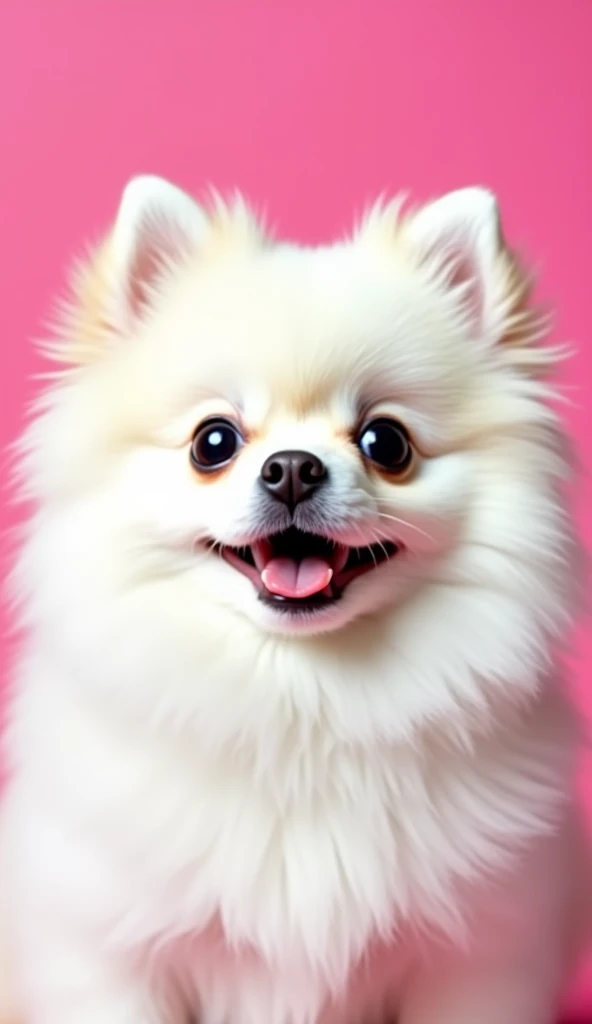 A close-up of a white Pomeranian dog with a surprised expression, featuring its mouth open in an 'O' shape and wide, dark eyes. The dog's fluffy fur is finely detailed, and its small, pointed ears stand upright, enhancing the look of shock. The background is a bright pink color, contrasting vividly with the