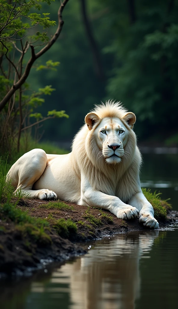 ((masterpiece)), ((high resolution)), ((professional photography)), ((National Geographic photo)), a pair of large white lions, on the river bank, in the dark of jungle, shady lighting, realistic photo, very detailed, 8K, UHD