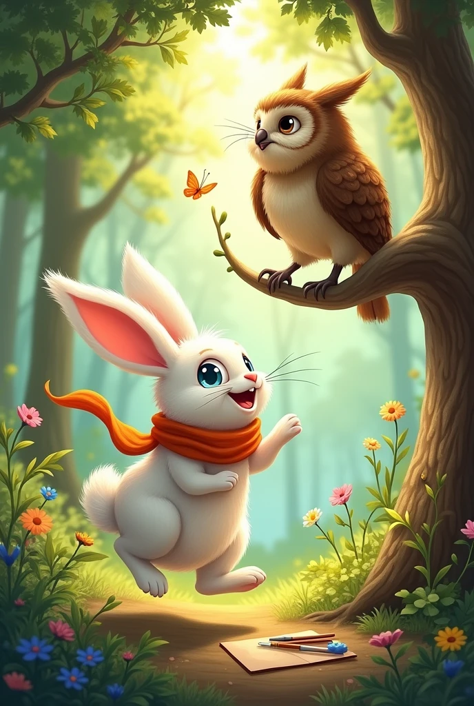 Benny(rabbit) : (bouncing up and down) Yes, Professor(owl) ! I want to create the most amazing artwork ever!