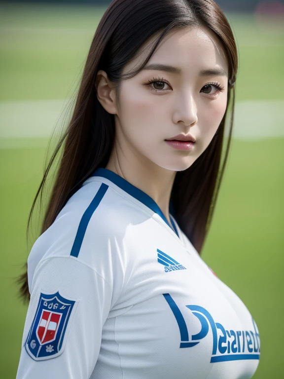 korean beauties, mixed korean, realistic, (((Best quality))), 8k, ((masterpiece)), (extremely delicate and beautiful), Highly detailed, ((Highly detailed face)), (Highly detailed eyes)) , Best quality, 1 girl, single, (large football team jersey: 1.1), shiny skin, dark hair, (large breasts: 1.4), pants, (back to foot),
