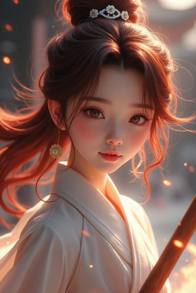 Best image quality, masterpiece level, ultra-high resolution, realism, fantasy theme, weapons, facial details, a girl, single, hair bun, fairy tale theme, upper body, Chinese architecture, flame, get detailed outdoor lighting and movie lighting, increase detailed overall ambient light, face and eye details, improve the realism of body details, clearly express sharp focus, expressionless, white clothes, burgundy hair, bright eyes, simple background.