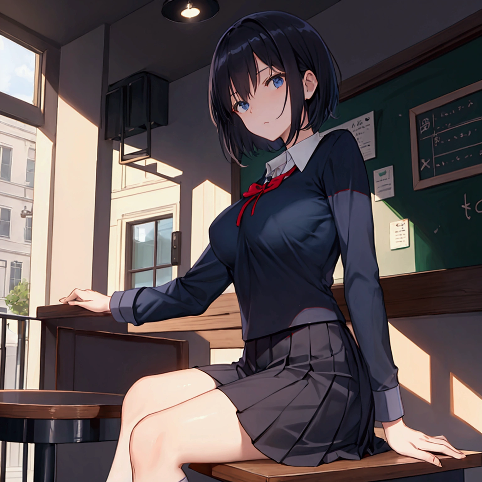Coffee shop background, school uniform, dark blue uniform, 1woman, solo, dark hair, short hair, shining hair, medium-large breast, sitting behind table, facing viewer, arrogant,