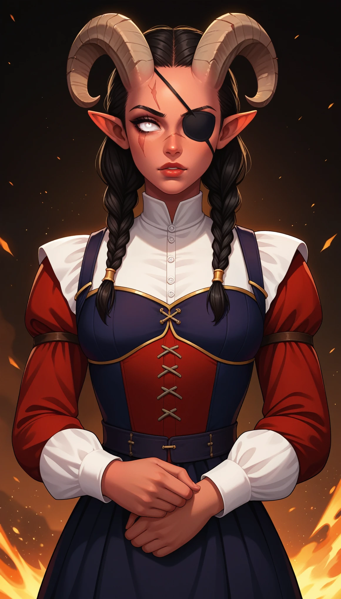 score_9, score_8_up, source_anime,
solo, (Medieval), 1woman, Tiefling, reddish skin, magician, ram horns, broken left horn, black hair, hyper detailed, scraping both sides, two braids on each side of the bangs, white eyes without scruff, eye patch on the left side, scar under the eye patch, scar on the lips on the right side,