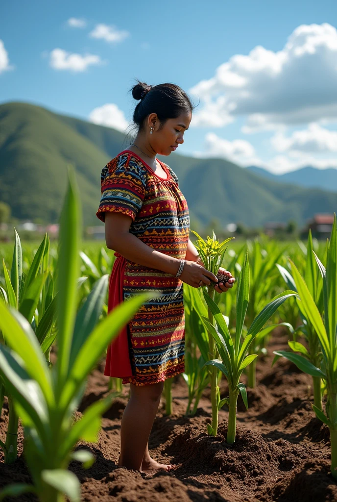 Create the image of a woman among pulque magueys, worker, Planting more magueys, that sees itself as a creator of knowledge
