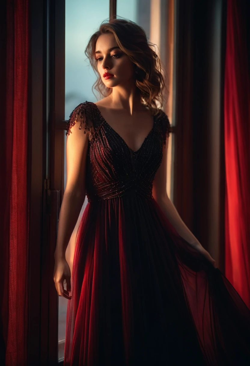 closeup shot, woman in a dress standing in front of a window, romanticism, in evening gown, flowing gown, wearing a flowing dress, mysterious woman, haunting beautiful young woman, wearing a black flowing dress, flowing dress, woman in dress, extremely moody red lighting,