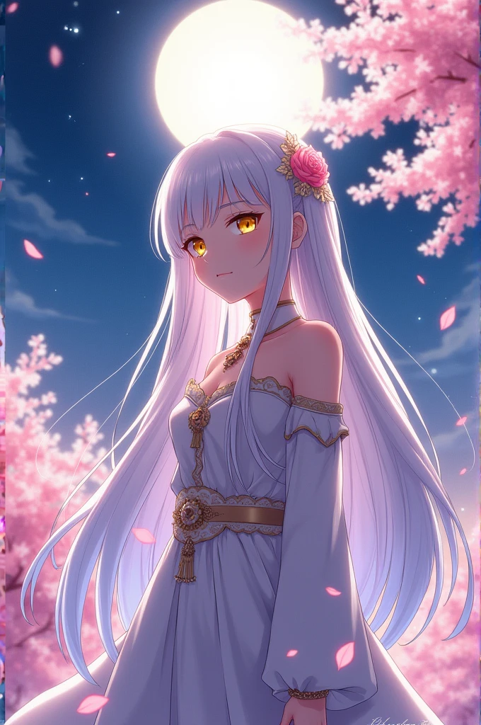 Beautiful anime girl with white hair and bright yellow eyes