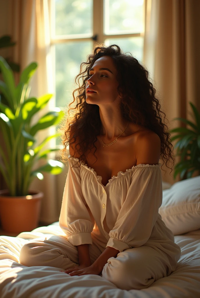 (photorealism:1.2), beautiful woman, sitting on bed, wearing loose off-shoulder top, pajama pants, long curly hair, indoors, soft lighting, plants in background, window with sunlight, cozy room, relaxed pose, realistic, intricate details, warm colors, by Greg Rutkowski, by Alphonse Mucha