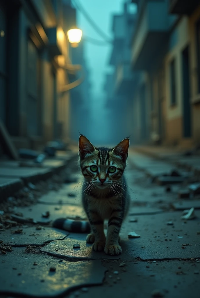 1.Mithu Cat Roaming the Street: A dirty and tiny cat, named Mithu, walks along the city streets.  The street is deserted, and Mithu's face shows signs of hunger and fatigue.
