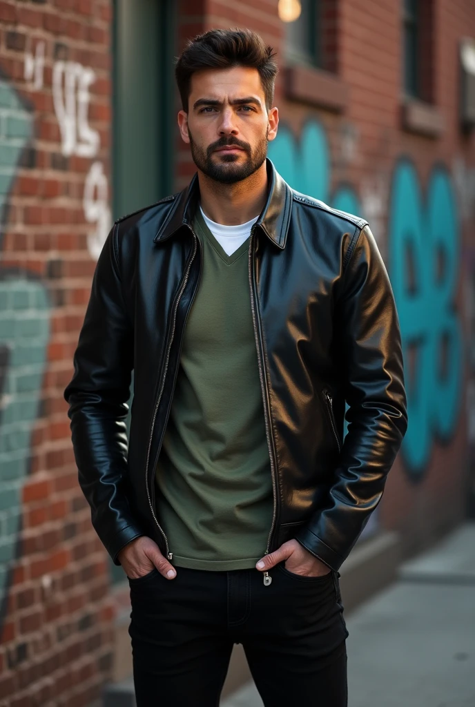 A man in a leather jacket, underneath a military green t-shirt and you can see part of the white polo shirt, Wear black pants and camel-colored boots