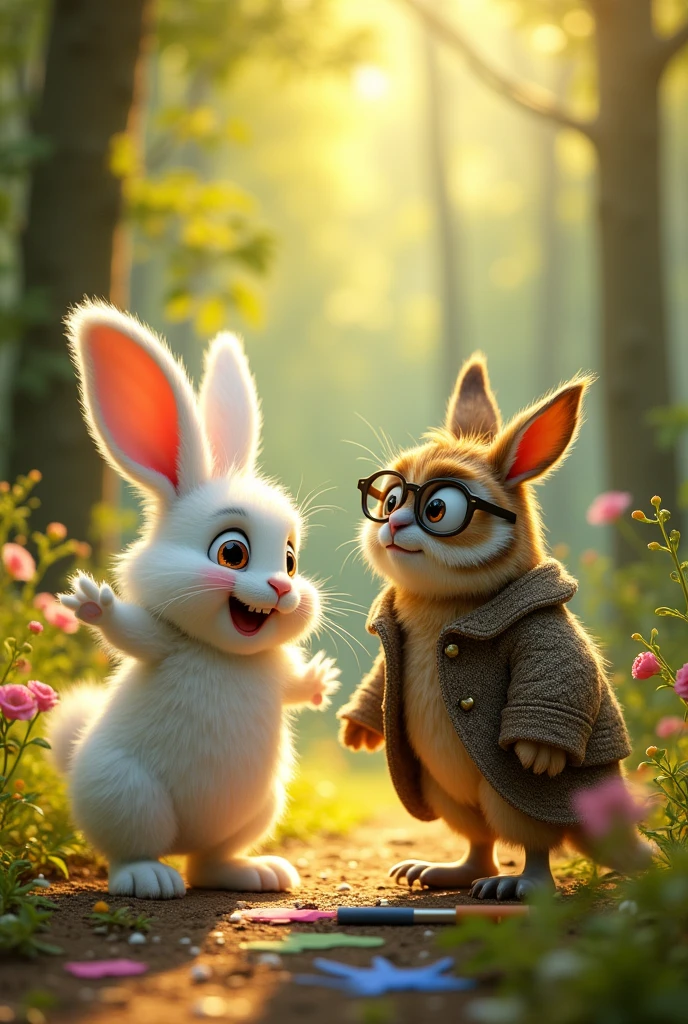 Benny(rabbit) : (bouncing up and down) Yes, Professor(owl :wearing coat) ! I want to create the most amazing artwork ever!