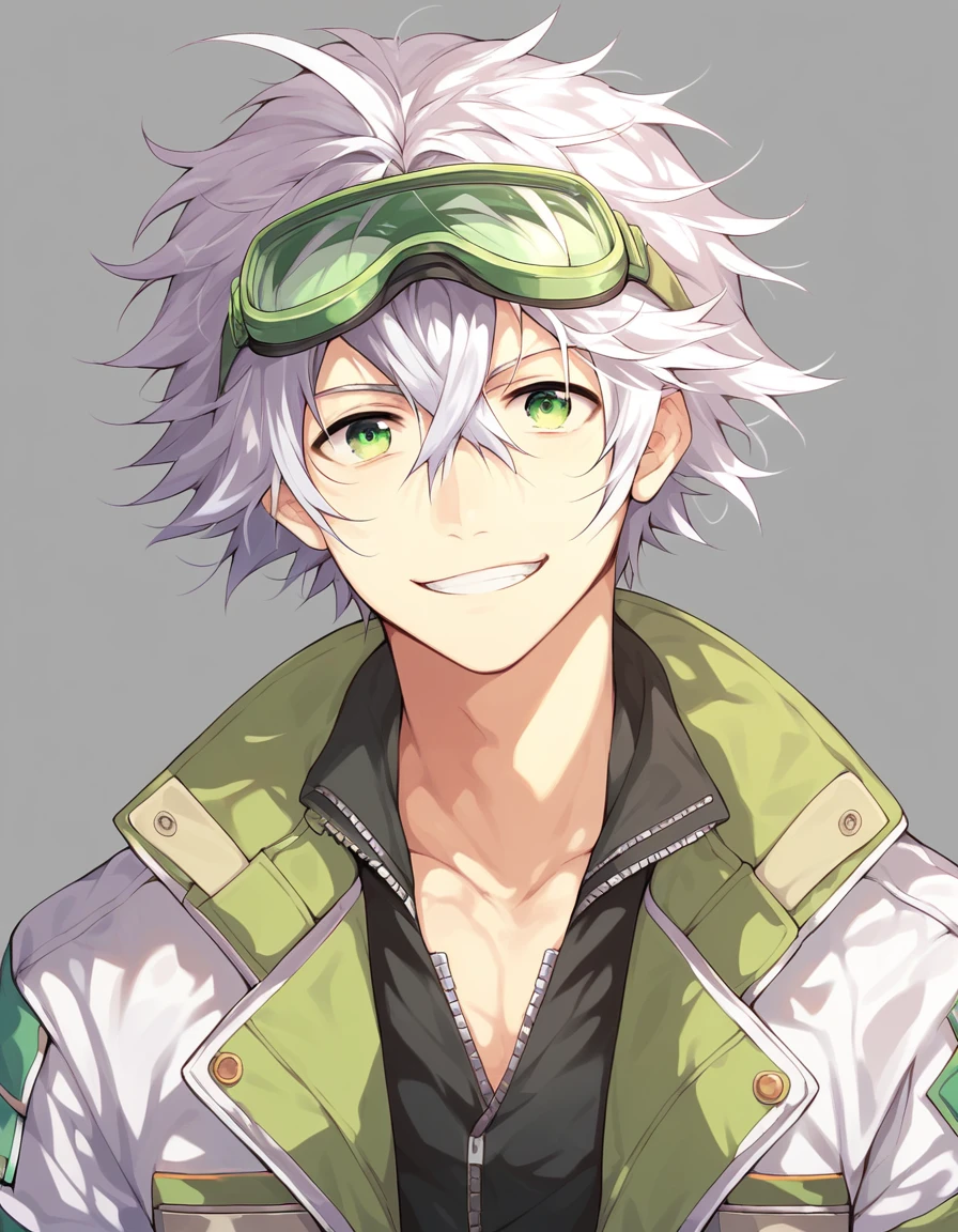 score_9, score_8_up, score_7_up, 1boy, solo, white hair, messy hair, green eyes, smiling, white jacket, green goggles