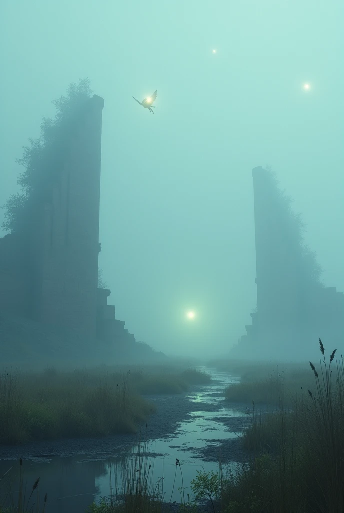 anime, realism, liminal empty space, foggy, , magical creatures