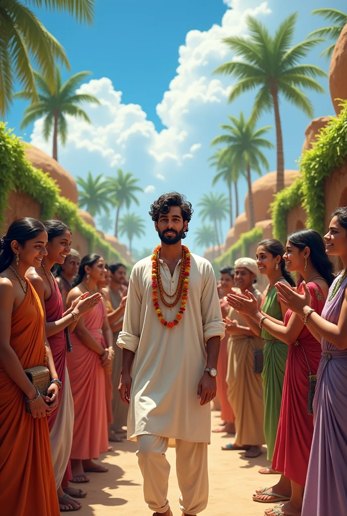 "Create an image of Indian man Aditya returning to his village, sharing his newfound knowledge with a crowd of villagers. The scene should show the villagers applauding and recognizing his bravery."realistic image