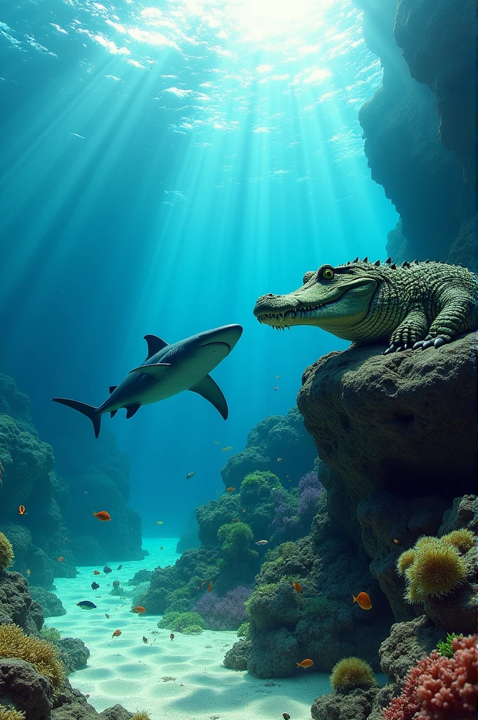 A shark and a crocodile are looking for food together