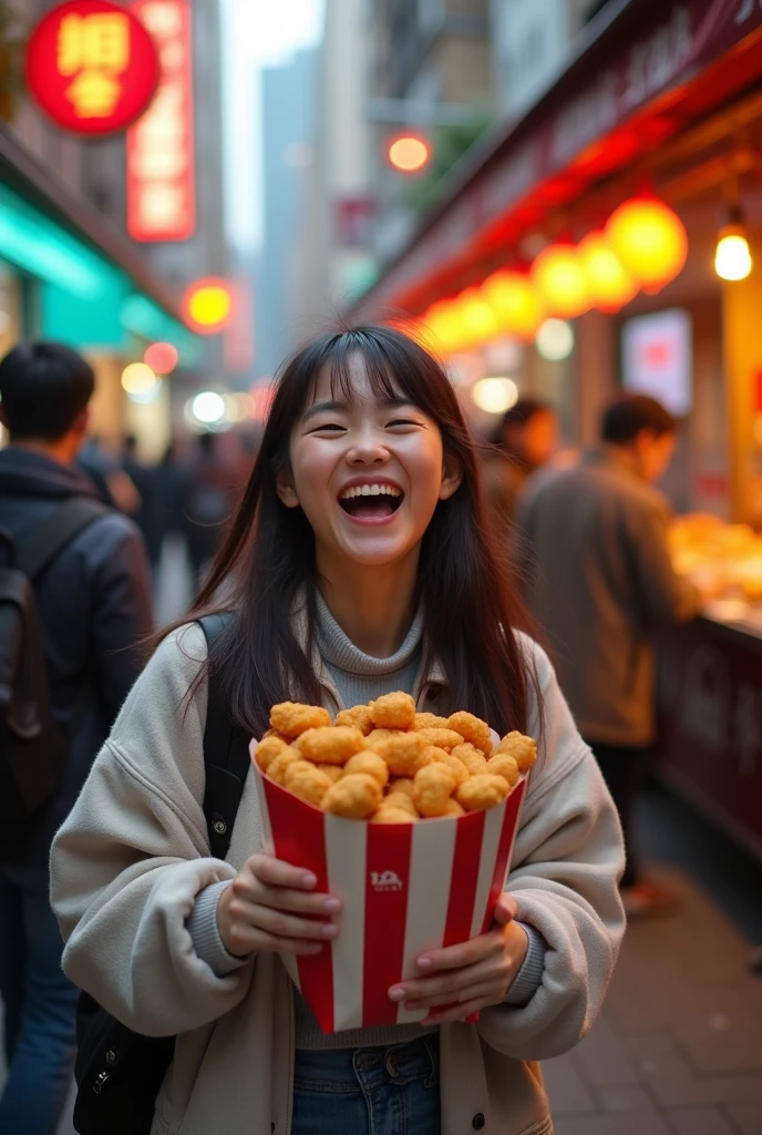 A Chinese female student is laughing while holding a bag of KFC chicken nuggets,Bustling streets