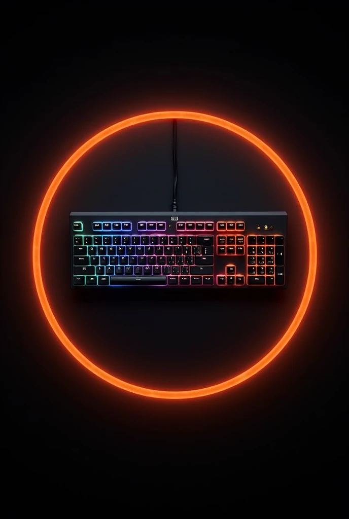 Create a keyboard logo (Circle image) Unique, cool, luxurious, business-style, high-quality, orange-black keyboard with RGB lighting.