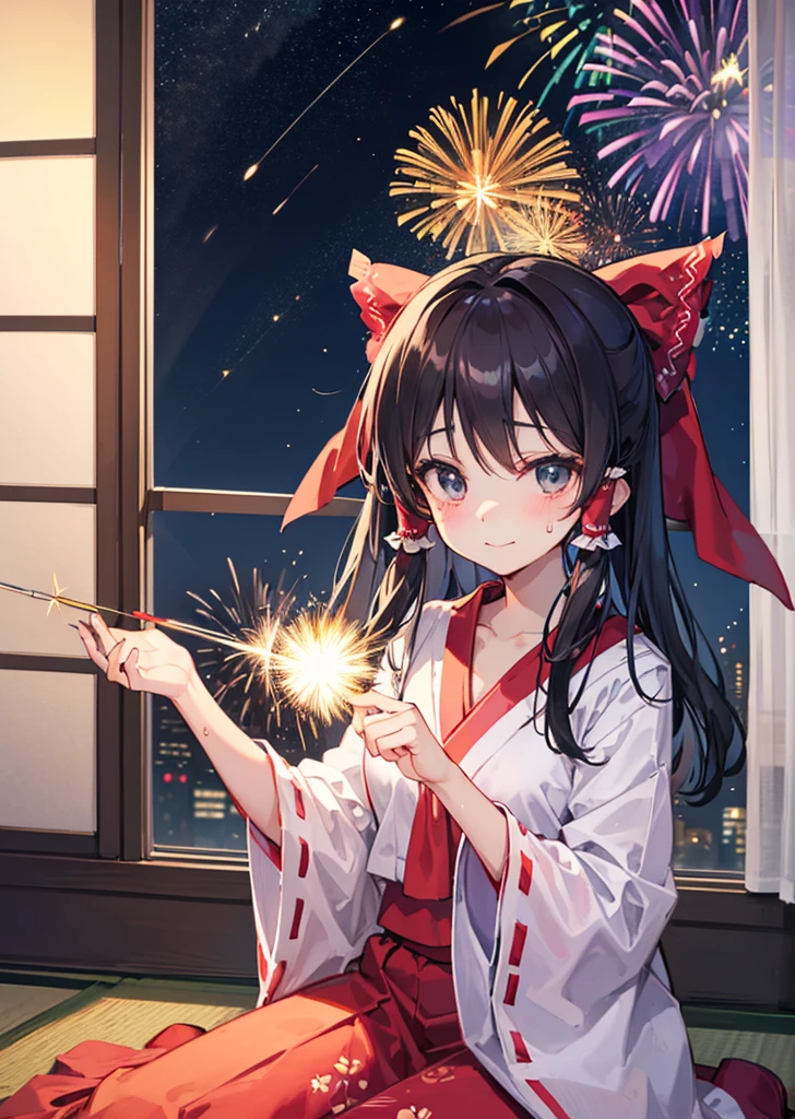 smile、Hakurei Reimu、yukata、firework、firework祭り、One person、hostel、window、tatami、firework、Night Sky、firework見つめる、Sweat、