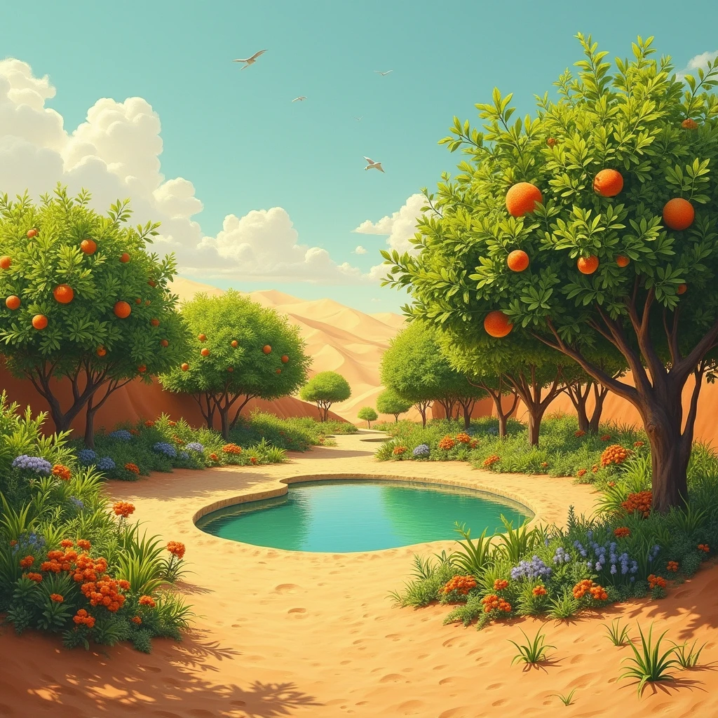 The image of a very large, beautiful and green garden with a small lake in the middle and trees full of fruit in the middle of a very large, dry, grassless sandy field.
The way that suddenly the sand is over and this beautiful garden begins. style : painting + photo  + cinematic