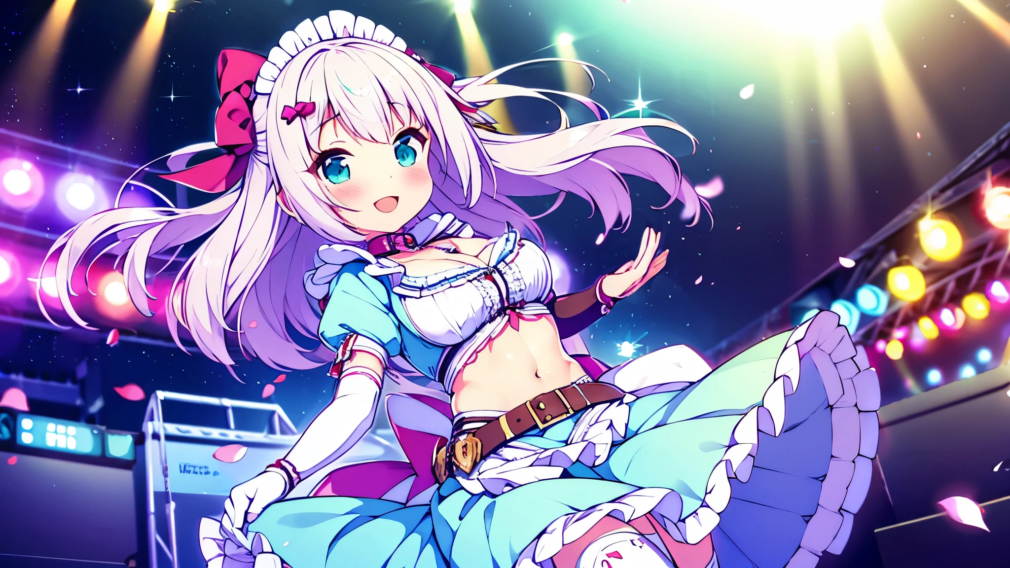 MLTD bg style, (best quality, 8K, masterpiece, HDR, ultra detailed:1.2), cinematic angle, (light particles, sparkle), lens flare, depth of field, bokeh, 
1girl, white gloves, open mouth, microphone, short puffy sleeves, glowstick, smile, petals, maid headdress, frills, blush, solo, stage, white thighhighs, belt, hair bow, hair ribbon, medium breasts, idol, upper teeth only, looking away, aqua bow, frilled skirt, hair ornament, frilled dress, audience, solo focus, concert, zettai ryouiki, spotlight, stage lights, shiny hair, looking afar, buckle, belt buckle, elbow gloves, wing collar, jewelry, petticoat, navel, 