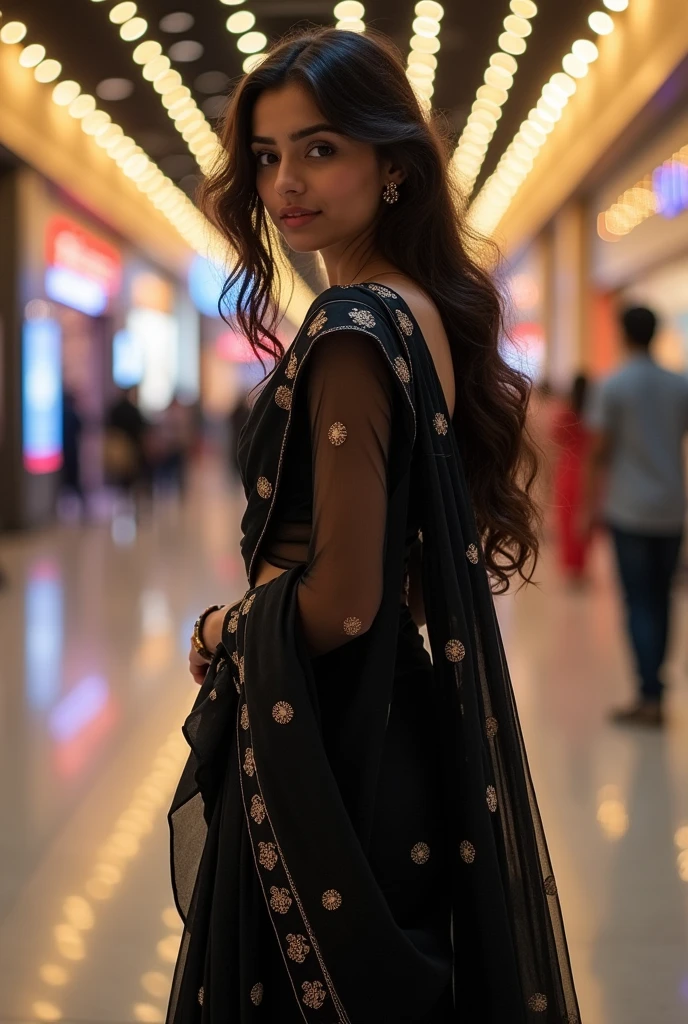 Indian girl in black Sare side facing in front of mall her hair hiding her face and she have nice body in sare