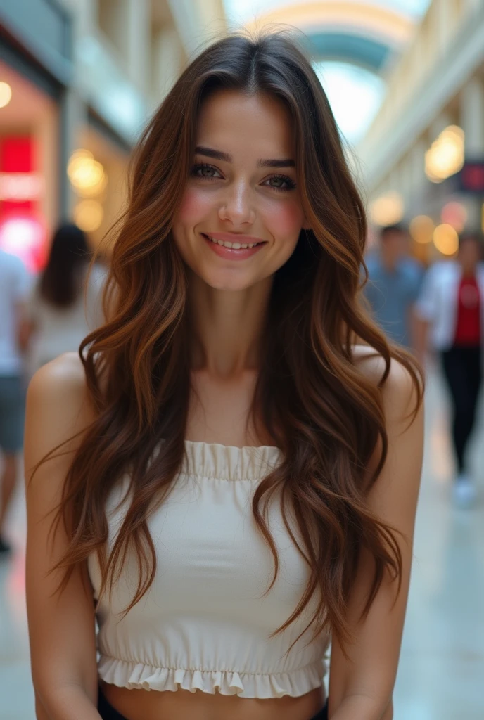 arafed woman fully , sexy girl with brown eyes, ultra realistic, meticulously detailed, portrait sophie mudd, brown hair and large eyes, selfie of a young woman, violet myers, without makeup, natural makeup, looking directly at the camera, face with artgram, subtle makeup, stunning full body, standing, in shopping mall, medium to large size bust