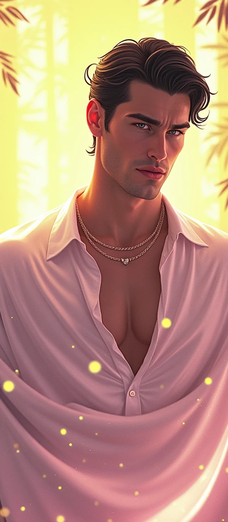 beautiful white man, with black hair, bright yellow look, that stands out in the darkness of the forest, with a muscular and strong body, wearing a black cape, with chewed and square jaws, image of the face only, he is partially surrounded by total darkness, you can only partially see your body because of the shadows
INFO
