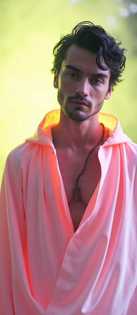 beautiful white man, with black hair, bright yellow look, that stands out in the darkness of the forest, with a muscular and strong body, wearing a black cape, with chewed and square jaws, image of the face only, he is partially surrounded by total darkness, you can only partially see your body because of the shadows
INFO
