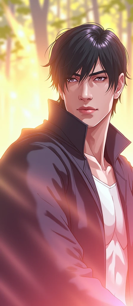 beautiful white man, with black hair, bright yellow look, that stands out in the darkness of the forest, with a muscular and strong body, wearing a black cape, with chewed and square jaws, image of the face only, he is partially surrounded by total darkness, you can only partially see your body because of the shadows
INFO