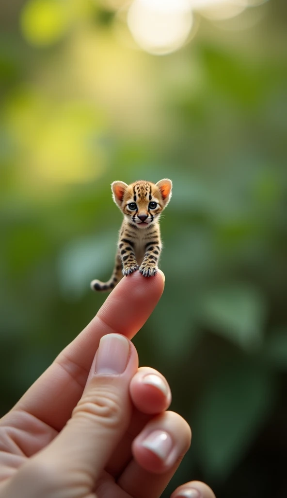 Photorealistic, 32k, Micro Tiny baby [leopardo bravo] perched on a perfect human finger